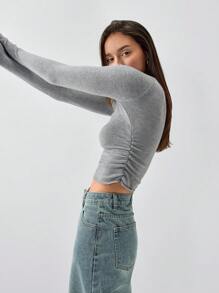 SHEIN Unity 1件女士灰色U领褶皱修身针织套头毛衣，适合秋冬季日常休闲穿着，针织套头衫 - 灰色 - 查看 6