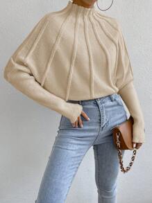 RosyDaze Áo len thường ngày tay cánh dơi cổ đứng màu trơn cho nữ, Thu/Đông - Màu Khaki - Xem 5