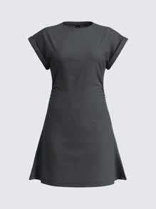 SHEIN BASICS 休闲纯色针织圆领短袖侧抽绳女式迷你连衣裙 - 深灰色 - 查看 6