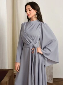 Modelyn 女士优雅纯色立领喇叭袖垂褶侧边端庄长袖连衣裙长款晚礼服