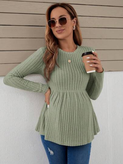 SHEIN Maternity Casual Solid Color Ruffle Hem Rib-Knit Long Sleeve Hem Rib-Knit T-Shirt