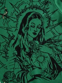 ROMWE MEN Street Life 男士圆领印花针织套头毛衣，秋冬款 - 綠色 - 查看 4