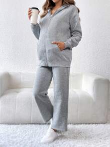 SHEIN 2pcs Maternity Solid Color Zip-Up Long Sleeve Hoodie Jacket, Pants Casual Set - Grey - View 3