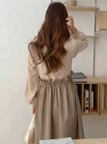 DAZY Women's Round Neck Color Block Paper Bag Waist Elegant Long Sleeve Dress,Casual Women Dresses,Back To School Clothes,Fall Dress - Camel - View 4