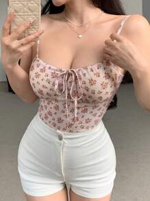 DAZY 系带碎花短款紧身女式吊带背心夏季波西米亚风上衣