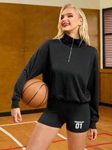 SHEIN Cheerettes 秋季休闲拉链半襟立领长袖运动衫 - 黑色 - 查看 5