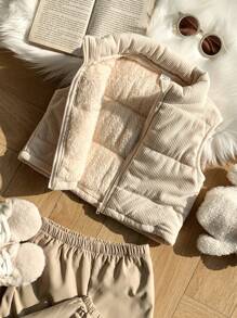 SHEIN 男宝宝休闲可爱运动街头时尚百搭保暖毛绒背心外套，适合秋冬季居家、外出、玩雪