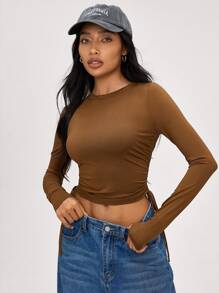 SHEIN BASICS 2 件装休闲纯色针织圆领长袖 T 恤，带侧边抽绳，女款 - 彩色 - 查看 6