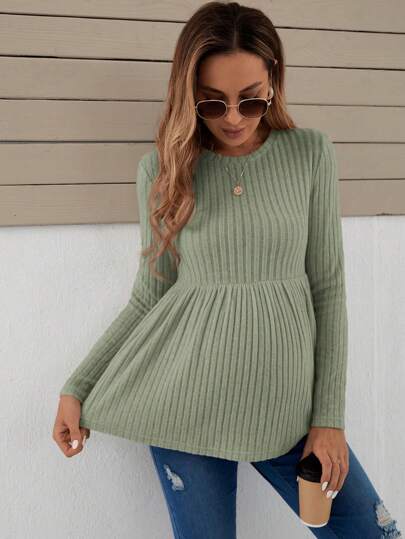 SHEIN Camiseta de manga larga de punto acanalado con dobladillo con volantes de unicolor casual de maternidad