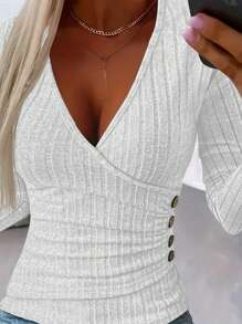INAWLY Women's Solid V-Neck Long Sleeve Ribbed Button Design Fitted T-Shirt, Spring & Autumn Fall Cloth For Women - White - View 5