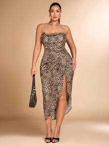 SHEIN BAE Plus Size Women's Summer Leopard Print Ruched Hem Slit Bandeau Fashion Dress - Multicolor - View 4