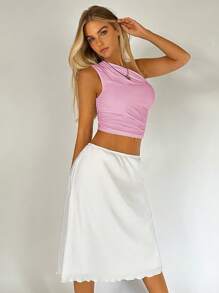 SHEIN EZwear Áo mùa hèÁo crop top nhún một bên vai - Hồng - Xem 4