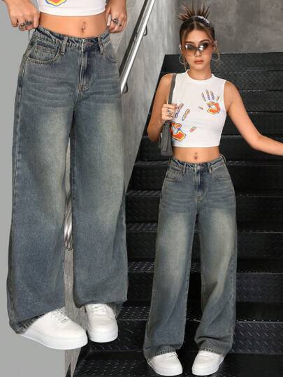 SHEIN Jeans rectos de pierna ancha con lavado retro sólido estilo Y2K para adolescentes, ropa de calle para volver a la escuela en otoño