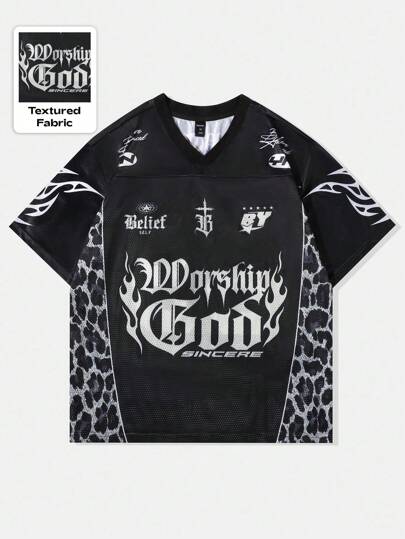 Street Life Camiseta de baloncesto de manga corta con estampado de leopardo y diseño streetwear, de tela de malla y brillante, para verano