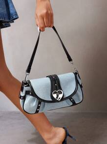 SHEIN ICON Túi đeo vai nữ, Túi Hobo, Thời trang, Cá nhân hóa, Đa năng, Đơn giản, Ngọt ngào và sành điệu, Cô gái nóng bỏng, Y2k, Đường phố, Cổ điển, Đại học, Ghép nối, Hiệu ứng denim - Màu xanh lam - Xem 2