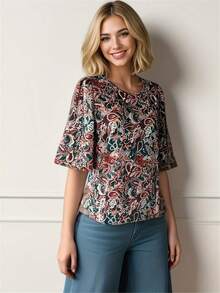 Women's Cashew Print Round Neck Blouse - Green - View 3