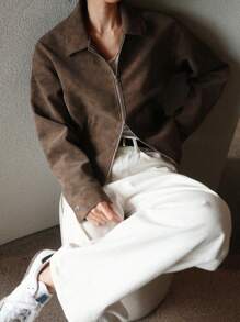 DAZY Women's Loose Zipper, Stand Collar Pockets Regular Jacket,Fall Women Clothes Leather Jacket Women Coats - Brown - View 4