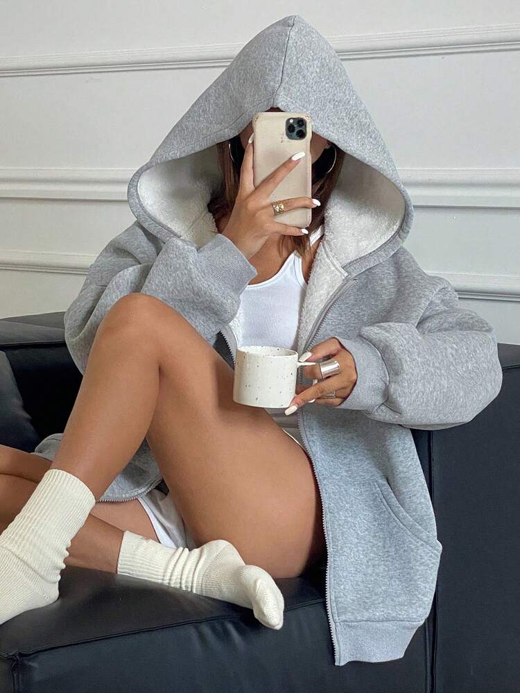 Women's Loose Fit Thermal Lined Hoodie Sweatshirt Jacket Zip Up