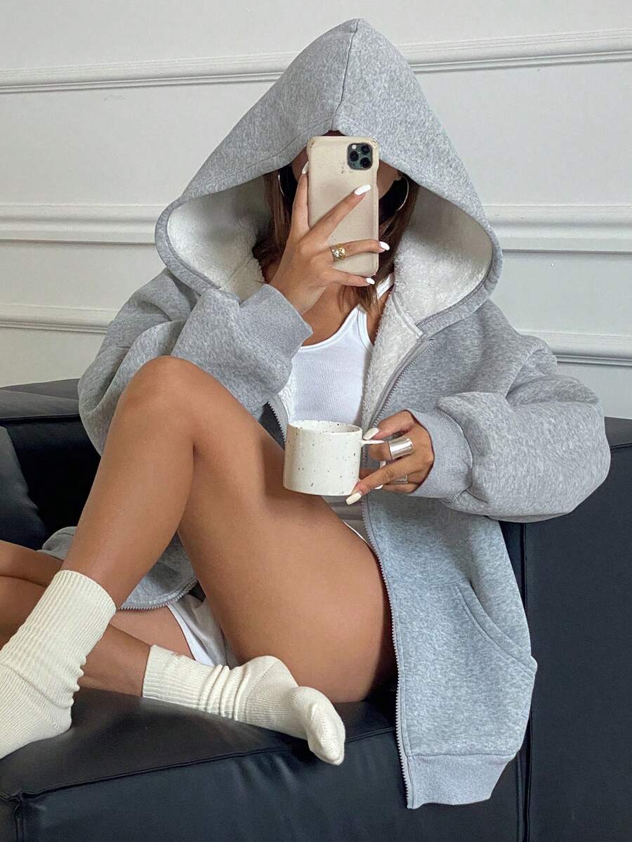 DAZY Women's Loose Fit Thermal Lined Hoodie Sweatshirt Jacket Zip Up - Light Grey - View 1