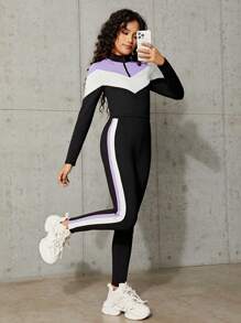 SHEIN Leap Crew 2pcs Teenage Girls' Color Block Collared Half-Zip T-Shirt And Casual Pants Set - Mauve Purple - View 1