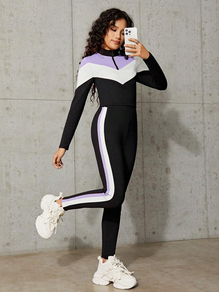 SHEIN Leap Crew 2pcs Teenage Girls' Color Block Collared Half-Zip T-Shirt And Casual Pants Set - Mauve Purple - View 1