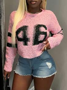 Zolique 女士针织长袖46号图案性感宽松毛衣，适合朋友聚会、四季穿着，秋冬季节皆宜。 - 粉色 - 查看 3