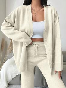 EURMUSE 2pcs Women's Casual Loose Fit Drop Shoulder Solid Color Cardigan And Knit Pants Set, Spring/Fall - White - View 3