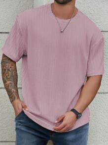 Manfinity Homme Plus Size Men's Solid Color Crew Neck Short Sleeve Casual Top Tee - Pink - View 4