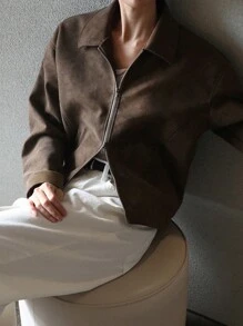 DAZY Women's Loose Zipper, Stand Collar Pockets Regular Jacket,Fall Women Clothes Leather Jacket Women Coats - Brown - View 7