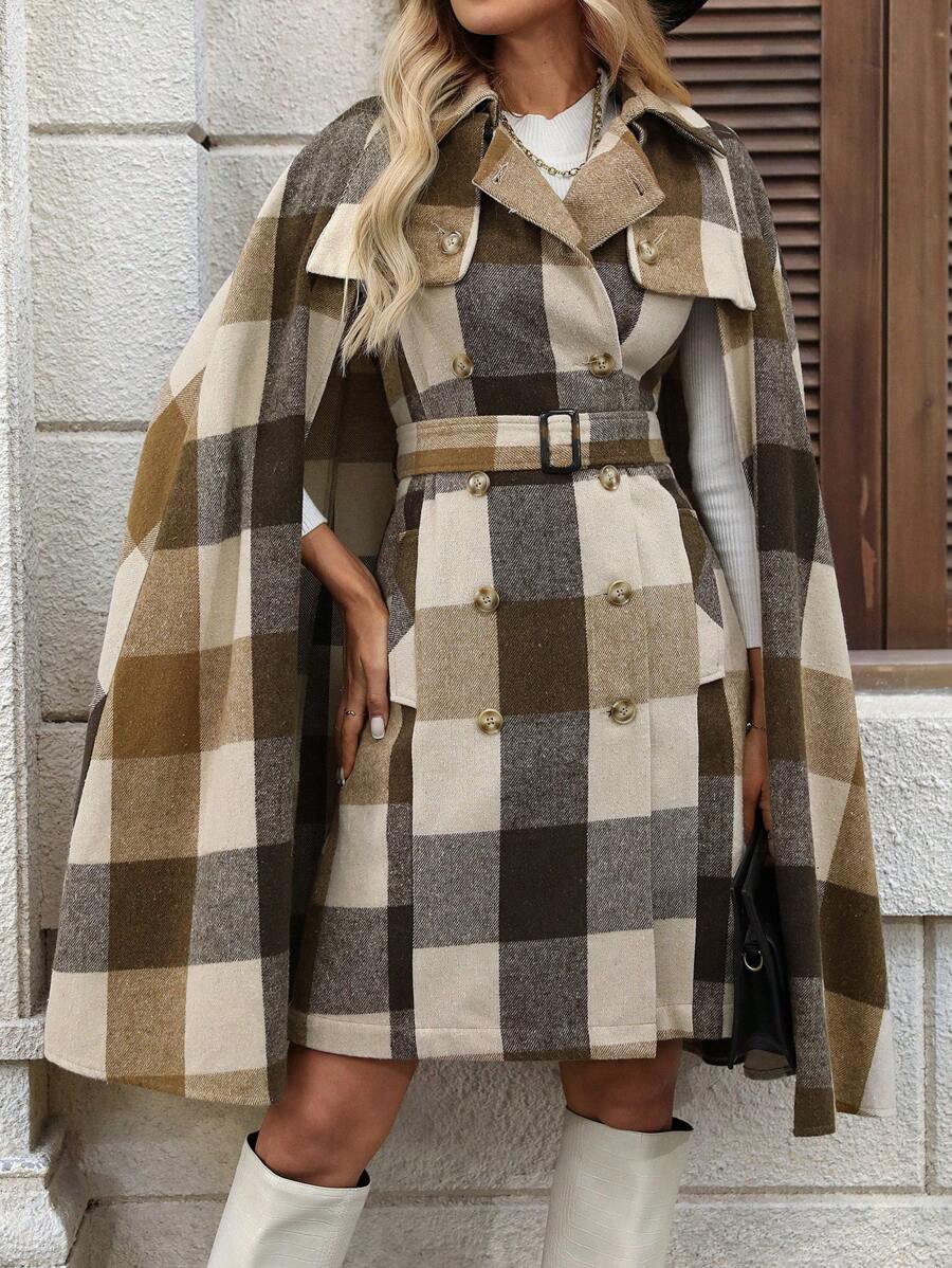 SHEIN Clasi Áo khoác nữ thanh lịch kẻ caro thắt eo với khuy trang trí, thích hợp cho mùa thu và mùa đông, màu nâu kaki ấm áp, kiểu dáng cổ điển, màu Maillard, thích hợp đi du lịch sân bay. - Nhiều màu - Xem 1