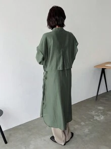 FRIFUL 女士休闲宽松纯色落肩长袖单排扣长衬衫，春秋季 - 綠色 - 查看 5