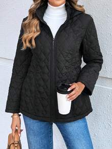 EMERY ROSE Women's Quilted Zip-Up Stand Collar Padded Coat, Fall/Winter - Black - View 2