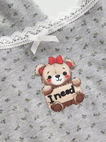 ROMWE Kawaii 2 件套女士可爱泰迪熊印花吊带短款开衫 - 灰色 - 查看 2