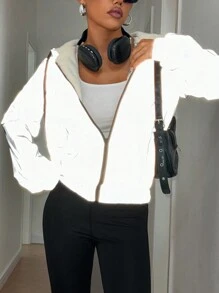 SHEIN EZwear 女式秋冬休闲双面连帽反光细节夹克 - 灰色 - 查看 5