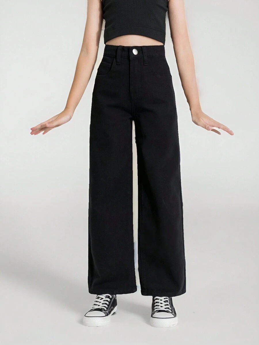 SHEIN Tween Girl Basic Loose Wide Leg Jeans For Daily Wear Summer Holiday - Black - View 1