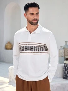 Manfinity Homme Herren Langarm Poloshirt in Einfarbig mit Patchwork und Knopfleiste, Lässig - Weiss - Übersicht 5