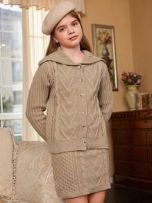 SHEIN 2pcs/Set Teenage Girls Fashion Simple Solid Color Lapel Sweater Cardigan And Mini Skirt Suit, Autumn - Khaki - View 5