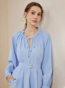 MOTF PREMIUM FRILL TIE NECK LANTERN SLEEVE FOLD PLEATED PEPLUM TOP - Blue - View 9