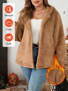 SHEIN LUNE 大码秋冬装连帽长袖前开休闲宽松时尚潮流万圣节夹克/秋季女装/长袖女士/冬季冬装连帽衫 - 薑色 - 查看 3