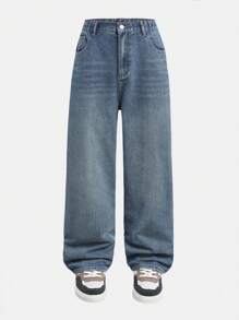 SHEIN Explorewe Teenager Boys' Simple Loose Wide Leg Fashion Casual Printed Denim Jeans - Light Wash - View 1