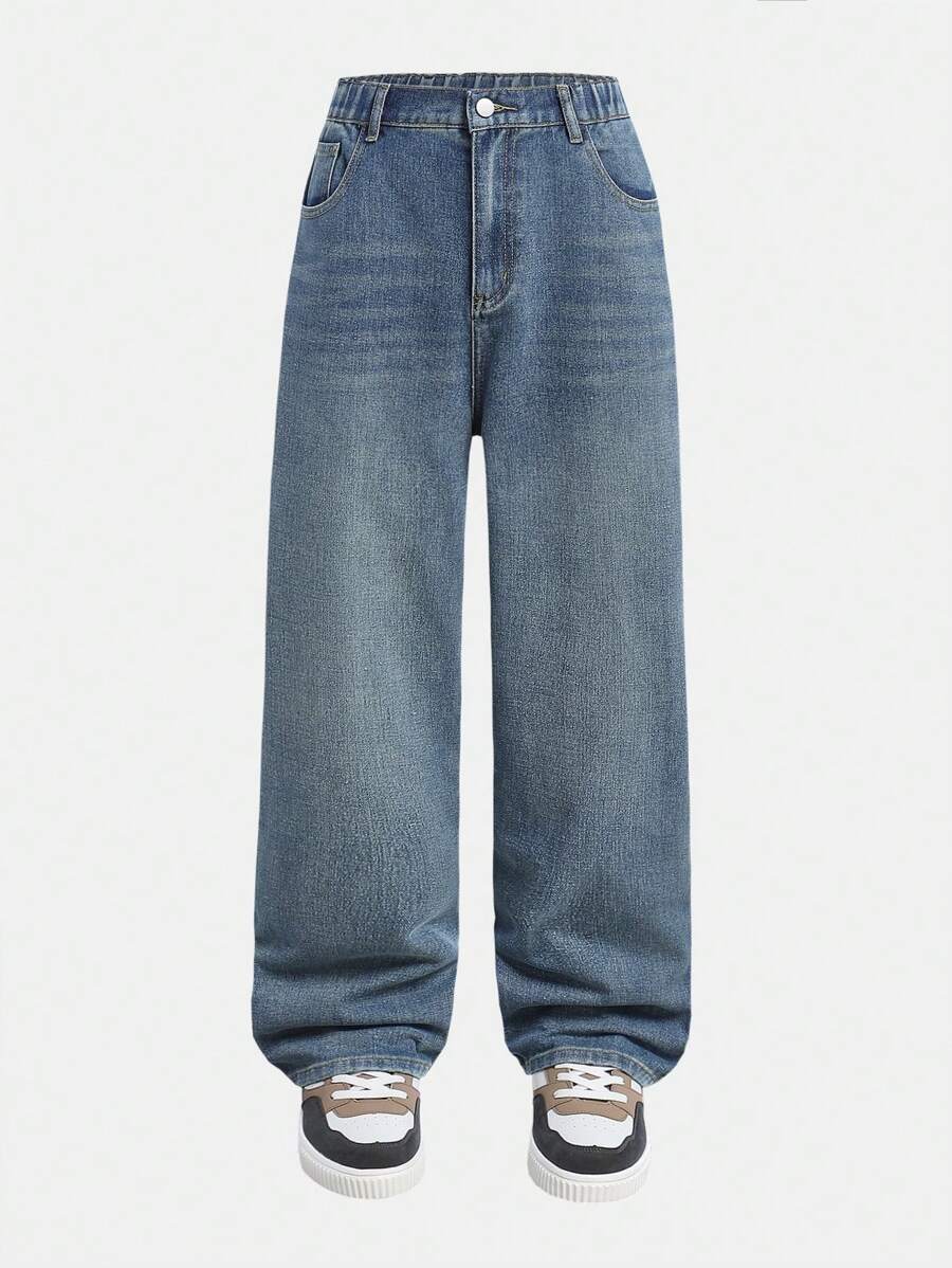 SHEIN Explorewe Teenager Boys' Simple Loose Wide Leg Fashion Casual Printed Denim Jeans - Light Wash - View 1