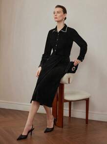 MOTF PREMIUM 天鹅绒对比波浪带饰边衬衫 - 黑色 - 查看 2