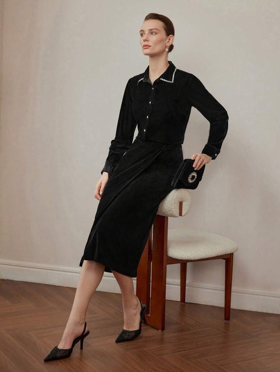 MOTF PREMIUM 天鹅绒对比波浪带饰边衬衫