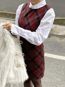 DAZY 女士格子圆领无袖套头连衣裙，校园风格，适合圣诞节、农历新年、春季、夏季、秋季