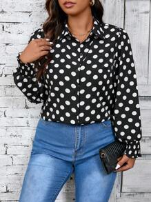 SHEIN LUNE 大码正面纽扣长袖波尔卡圆点全印花休闲衬衫 - 黑與白 - 查看 3