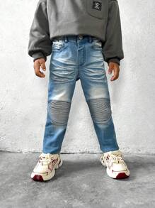 SHEIN Pantalones vaqueros ajustados de mezclilla con detalles bordados en la rodilla y cintura elástica, estilo urbano para niño joven