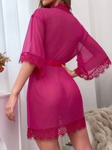 Sexy Lace & Mesh Women's Short Robe - Hot Pink - View 2