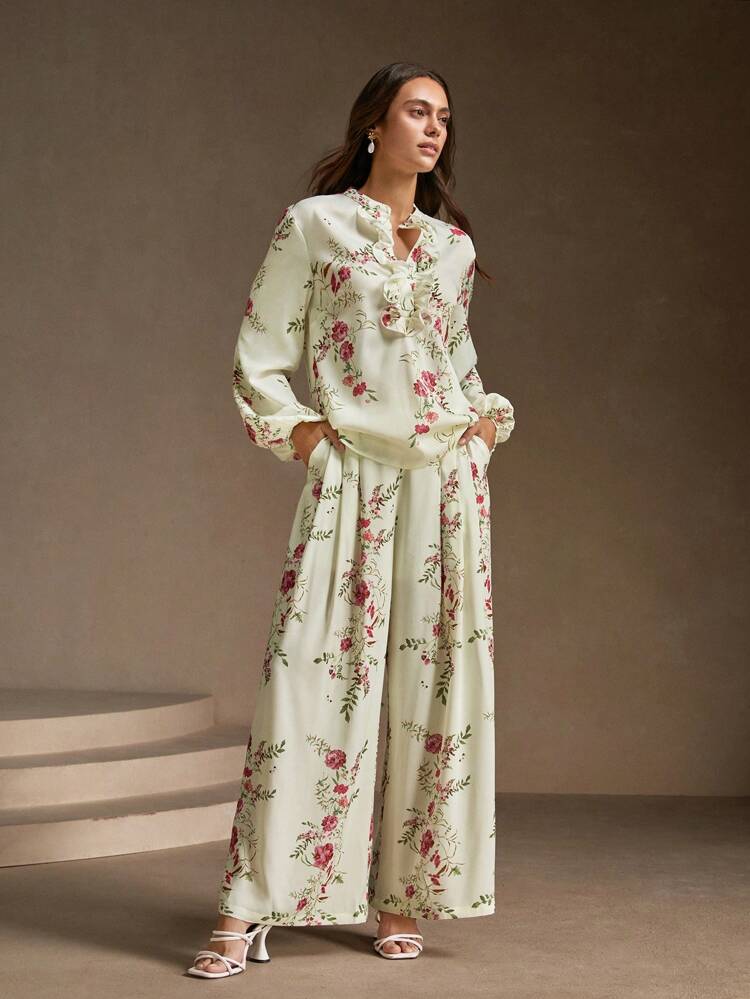 White Ruffled Colorful Floral Retro French Romantic Gentle Blouse For Women