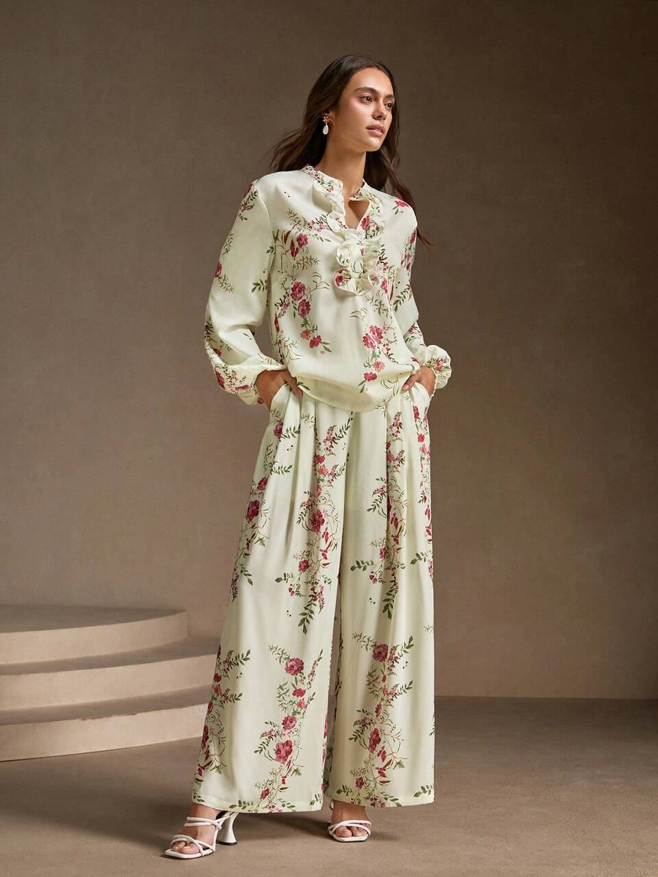 White Ruffled Colorful Floral Retro French Romantic Gentle Blouse For Women