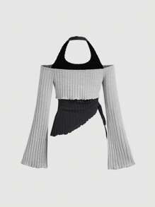 SHEIN MOD Off-Shoulder Cutout Side Drawstring Asymmetric Flare Sleeve Faux-Twopiece T-Shirt